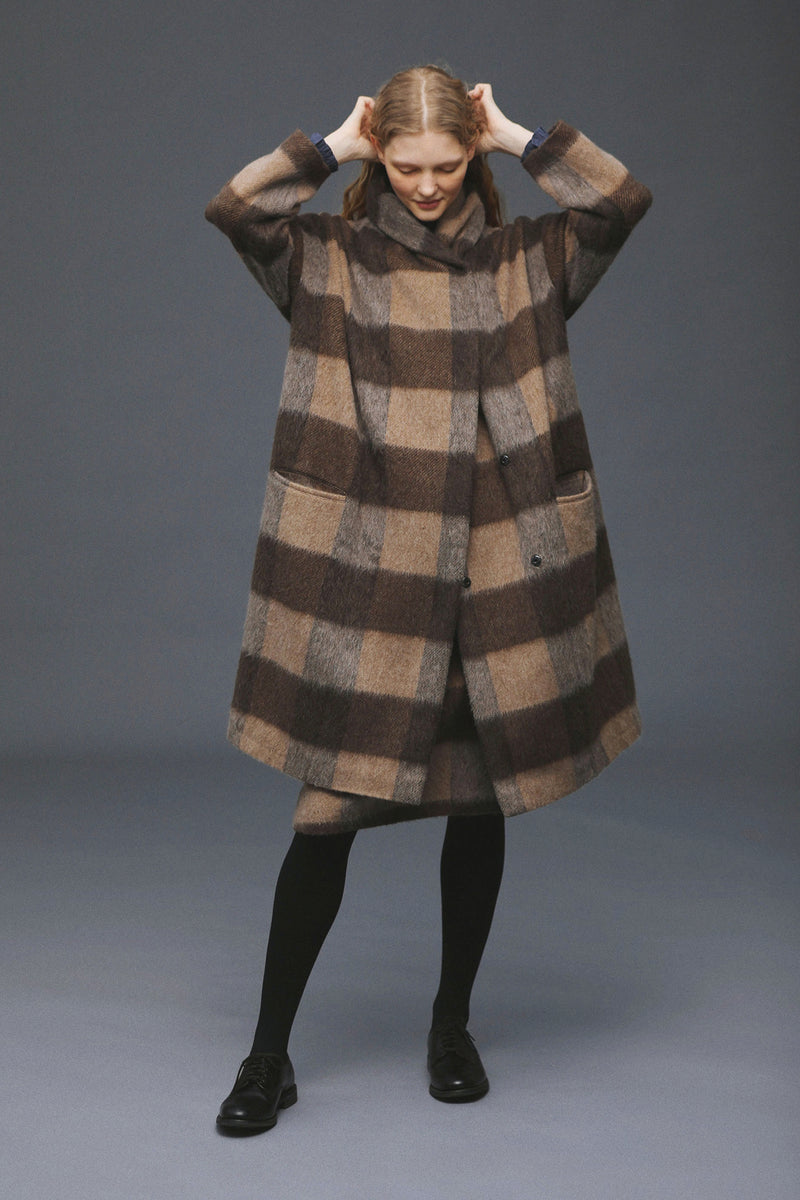 Shawl Collar Coat - Recycled Wool Shaggy Check