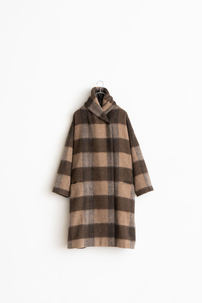 Shawl Collar Coat - Recycled Wool Shaggy Check