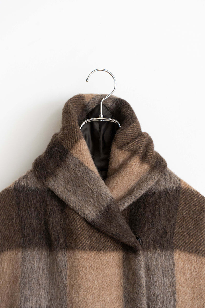 Shawl Collar Coat - Recycled Wool Shaggy Check