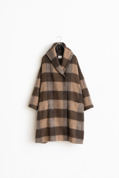 Shawl Collar Coat - Recycled Wool Shaggy Check