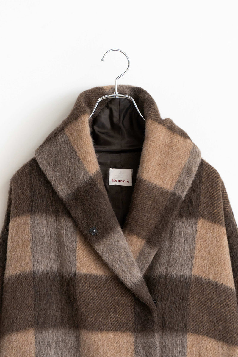 Shawl Collar Coat - Recycled Wool Shaggy Check