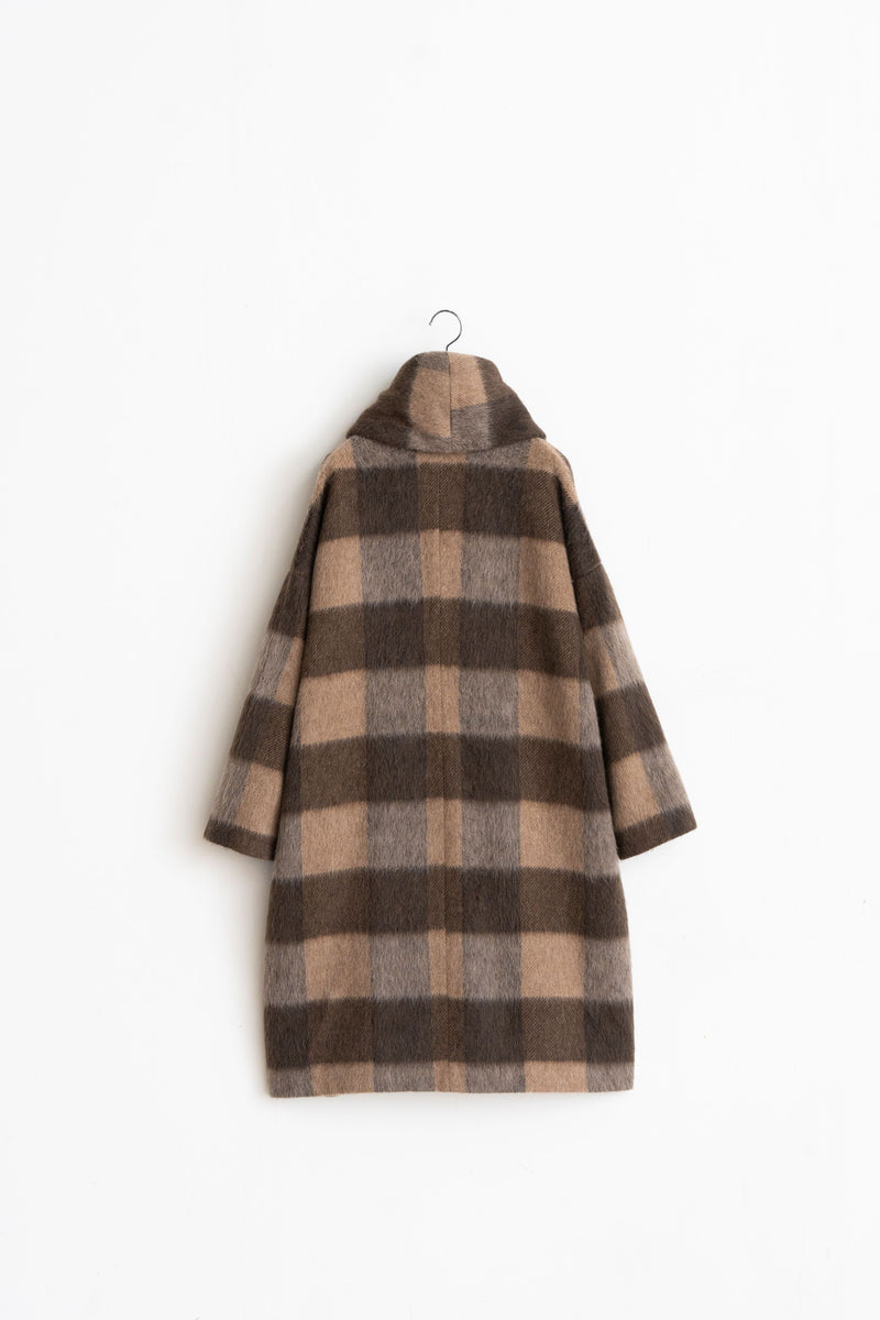 Shawl Collar Coat - Recycled Wool Shaggy Check