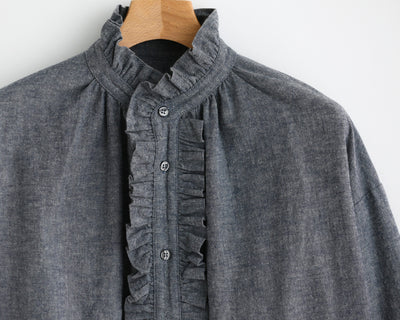 Pleated Collared Gather Shirt _ Cotton Linen Denim