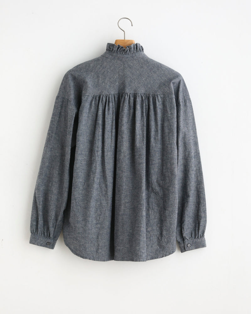 Pleated Collared Gather Shirt _ Cotton Linen Denim