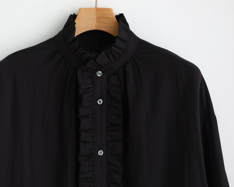Pleated Collared Gather Shirt _ Cotton Silk Dyed Twill