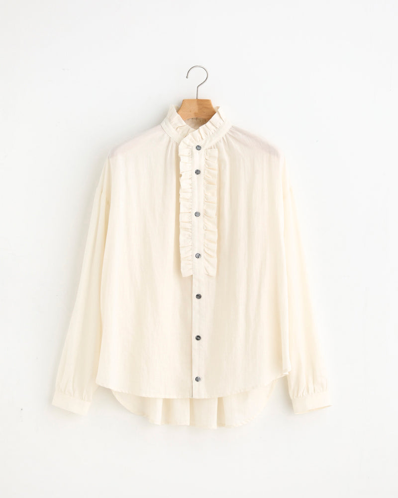 Pleated Collared Gather Shirt _ Cotton Silk Dyed Twill